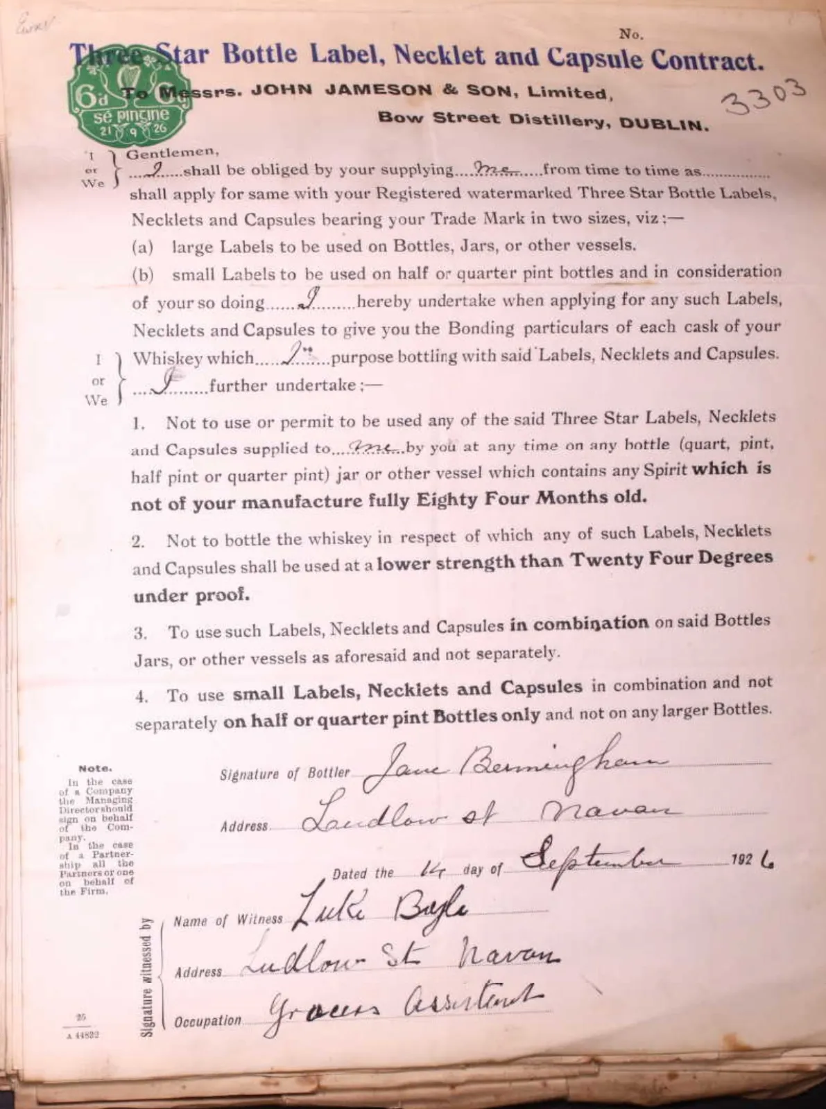 John Jameson & Son three star bottle label, necklet and capsule contract signed by Jane Bermingham, Ludlow St, Navan, September 1926